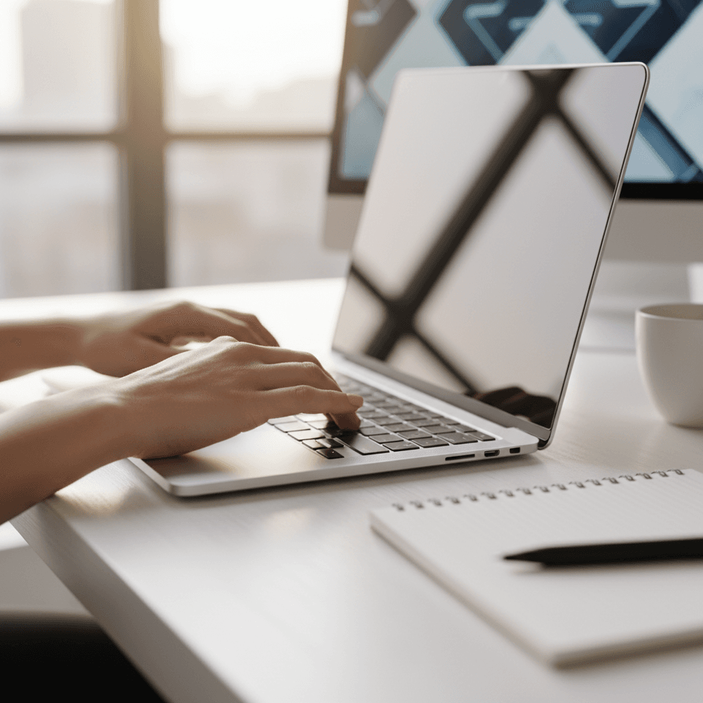 Hands typing on a laptop in a minimal workspace with soft natural light