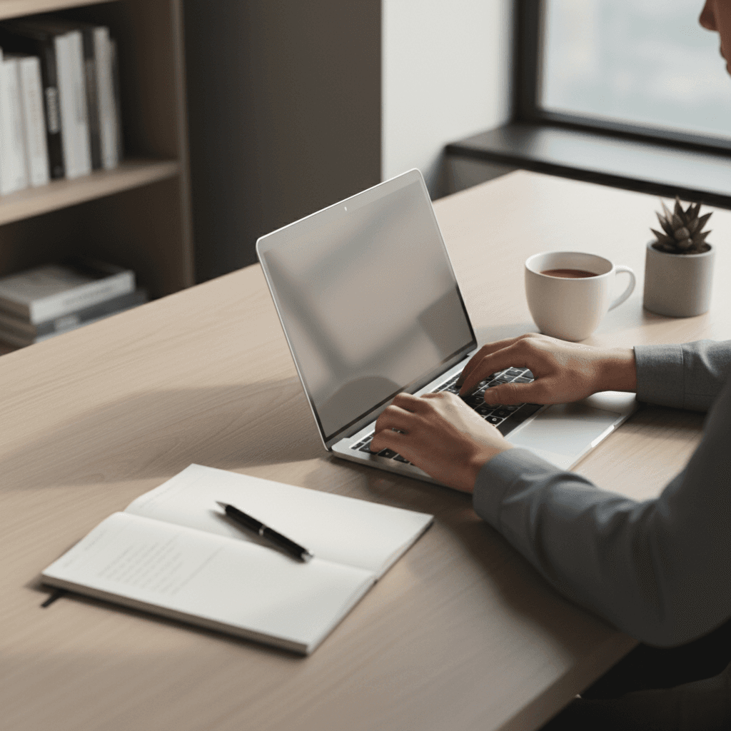 Professional workspace with laptop and handwritten notes in soft natural light