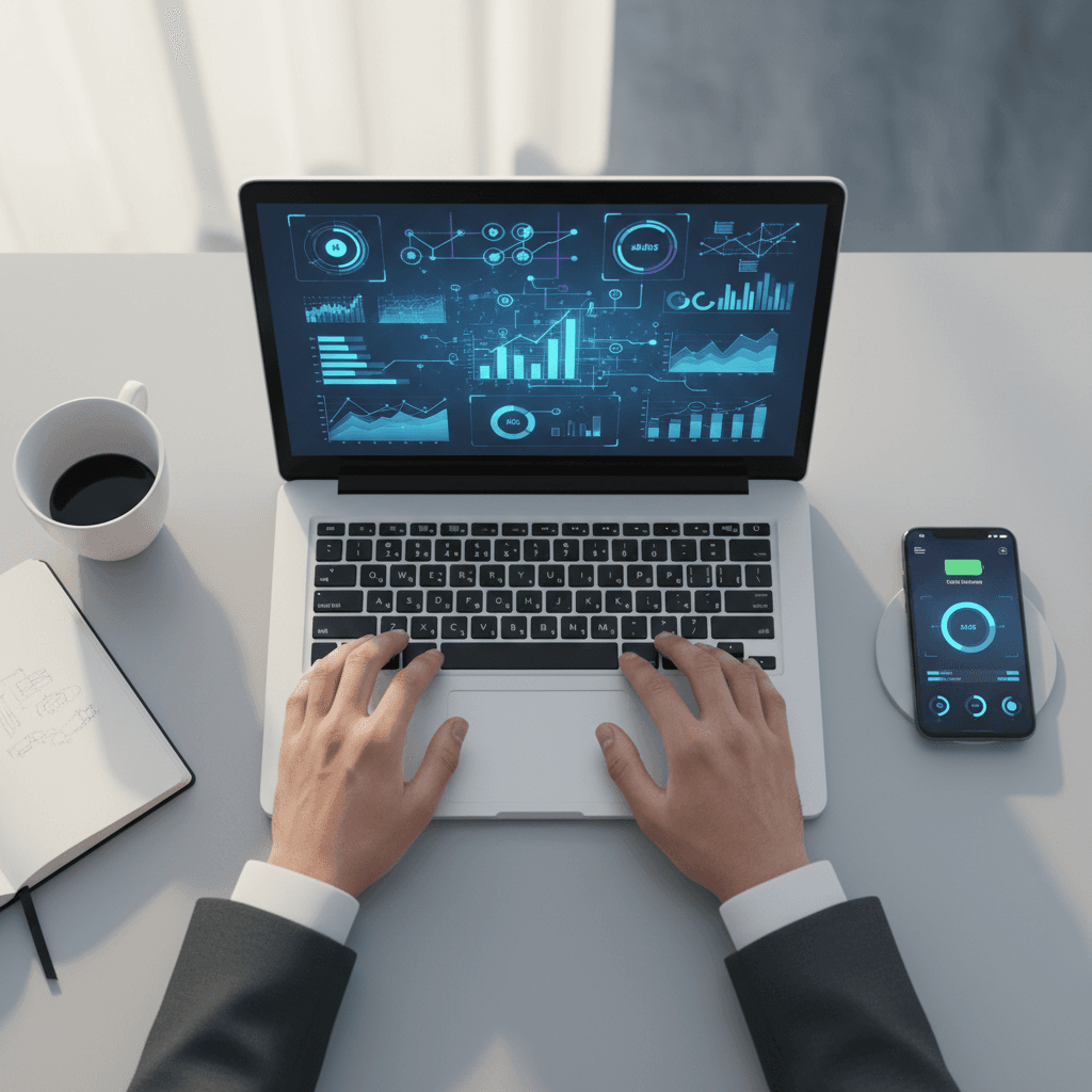 Minimal workspace with laptop showing abstract AI graphic in soft natural light